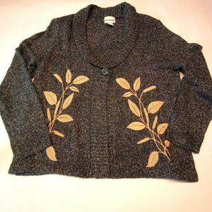 Breckenridge Womens Cardigan Sweater Blue/White Speckled Embroidered Cattails L